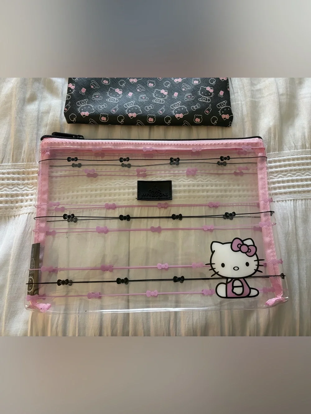 IMPRESSIONS Hello Kitty Slim Pouch Set Black/ Pink Cosmetic Makeup Bag